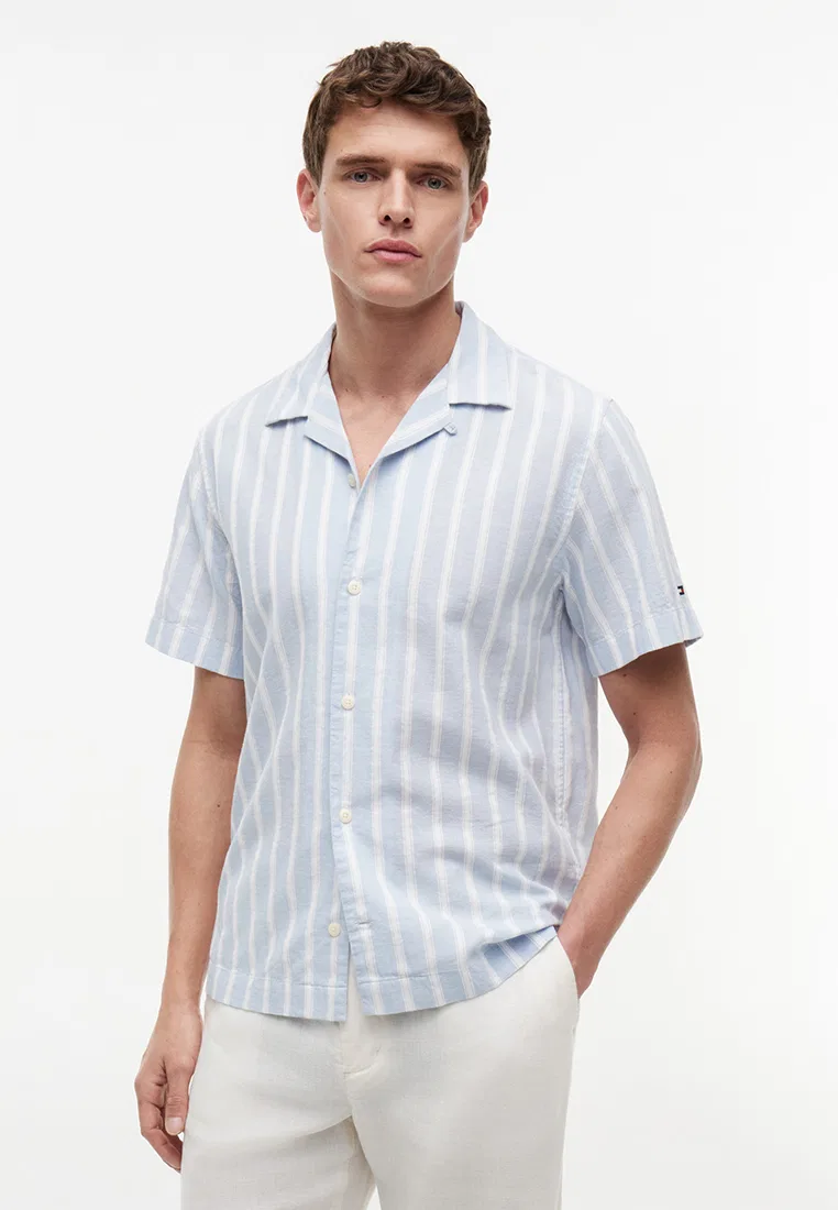 Рубашка с коротким рукавом, полосатая, из льняной смеси, TH Mainline Tommy Hilfiger, синий
