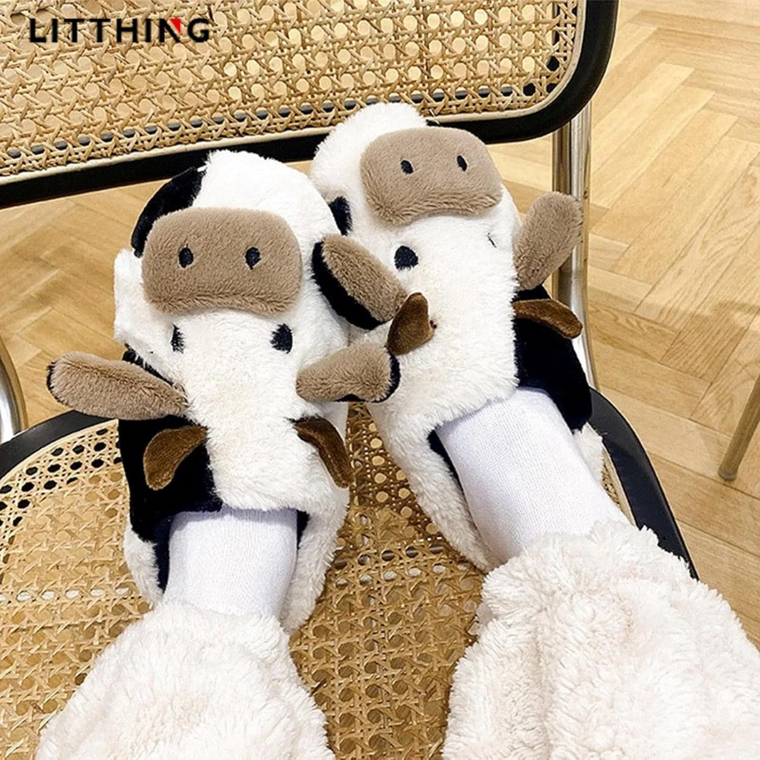 Зимние теплые плюшевые домашние тапочки, милые домашние тапочки с мультяшным рисунком коровы, нескользящие теплые домашние тапочки для мужчин и женщин RCESSD, C — фото 2
