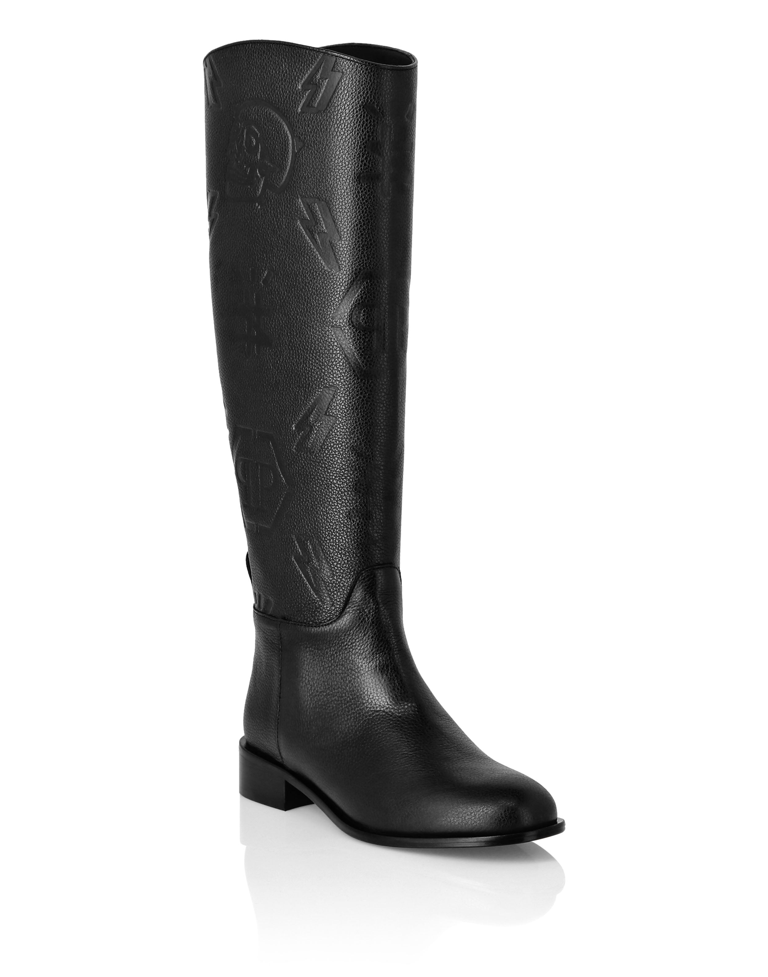 Кожаные ботинки Monogram на низком каблуке PHILIPP PLEIN, черный