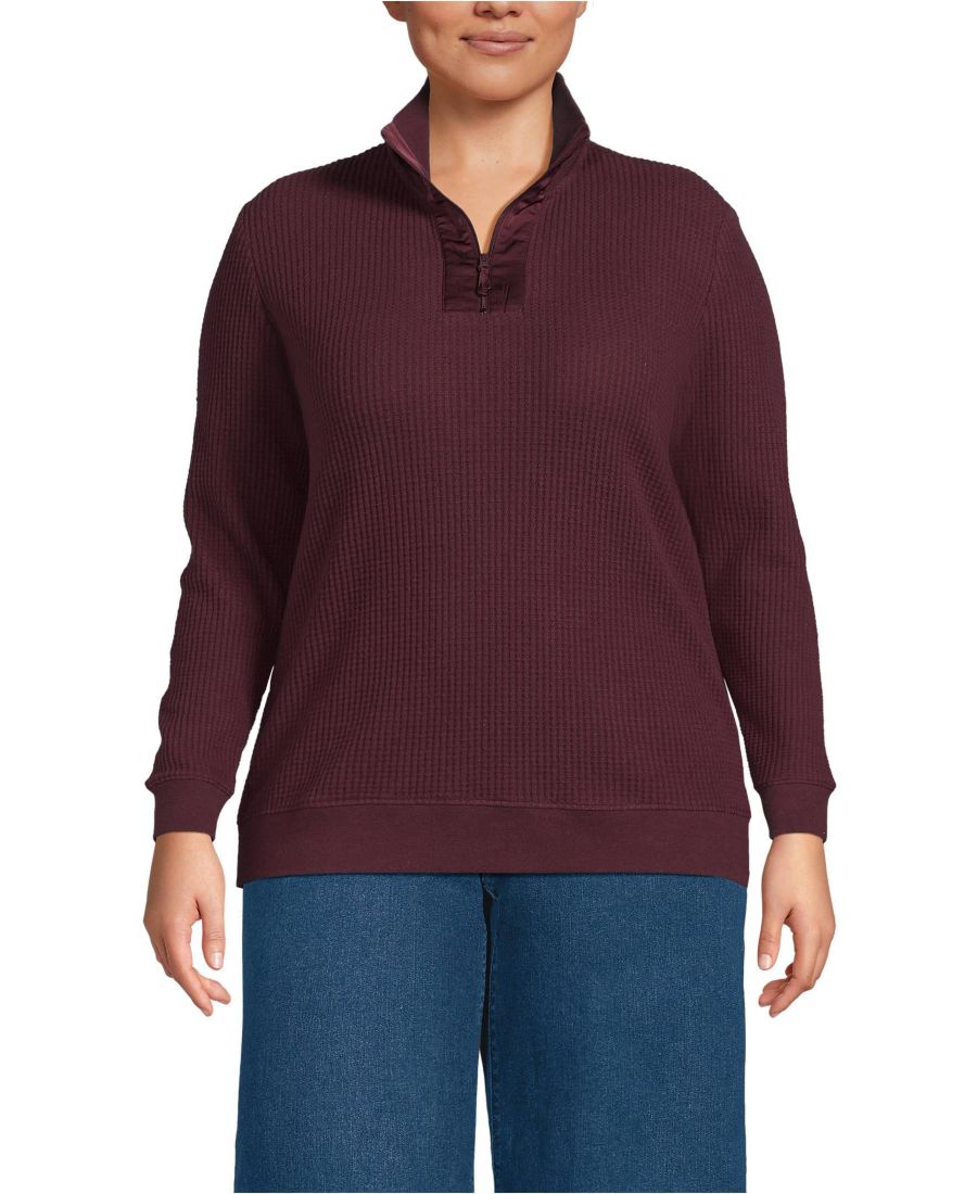 

Пуловер большого размера с длинными рукавами, вафельной текстурой и молнией до середины груди Lands' End, Lush burgundy