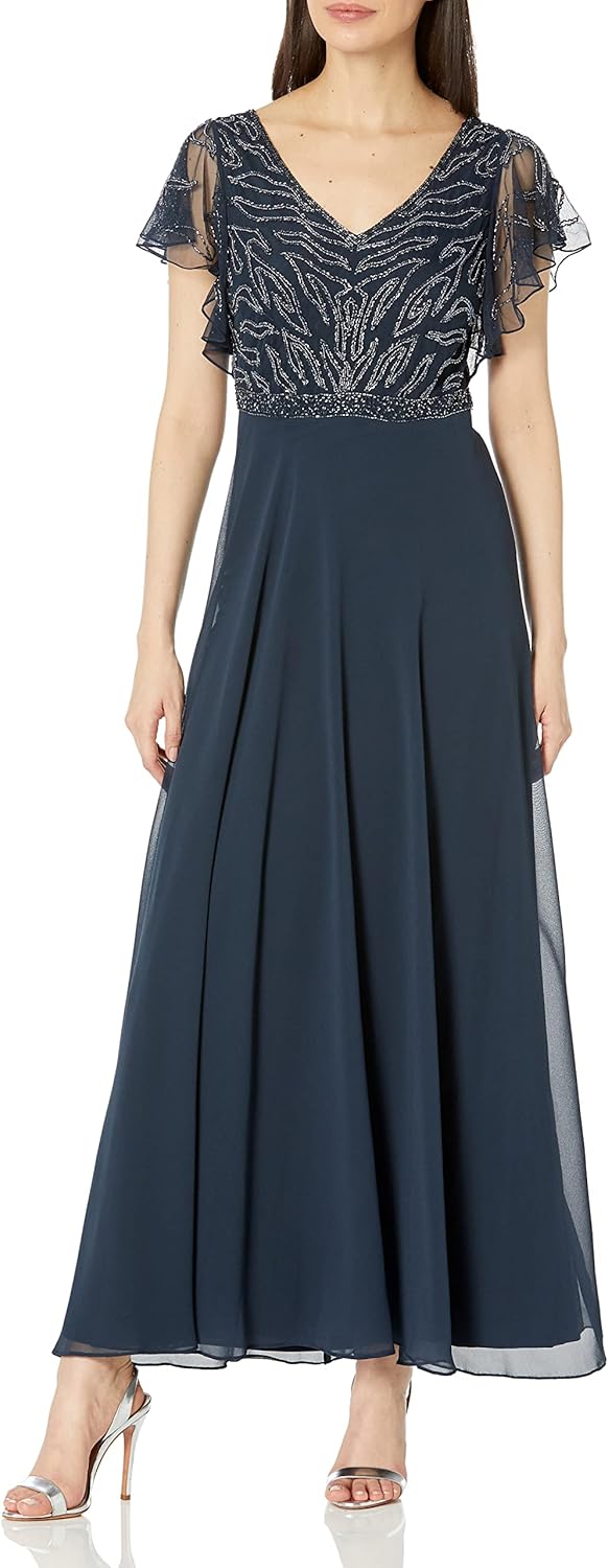 

Женское длинное платье J Kara с V-образным вырезом и рукавами-крылышками, украшенное бисером, Navy Multi