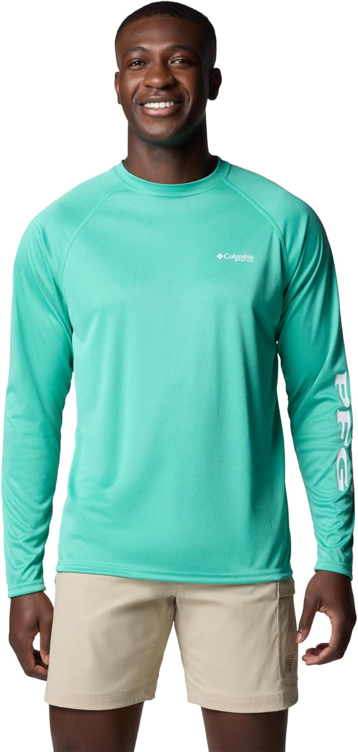 

Columbia мужская футболка PFG Terminal Tackle с длинным рукавом, Glaze Green Heather/White Logo