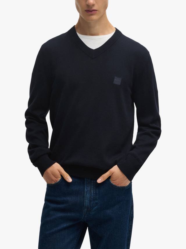 

Бежевый джемпер BOSS из хлопка и кашемира с V-образным вырезом HUGO BOSS, Dark Blue