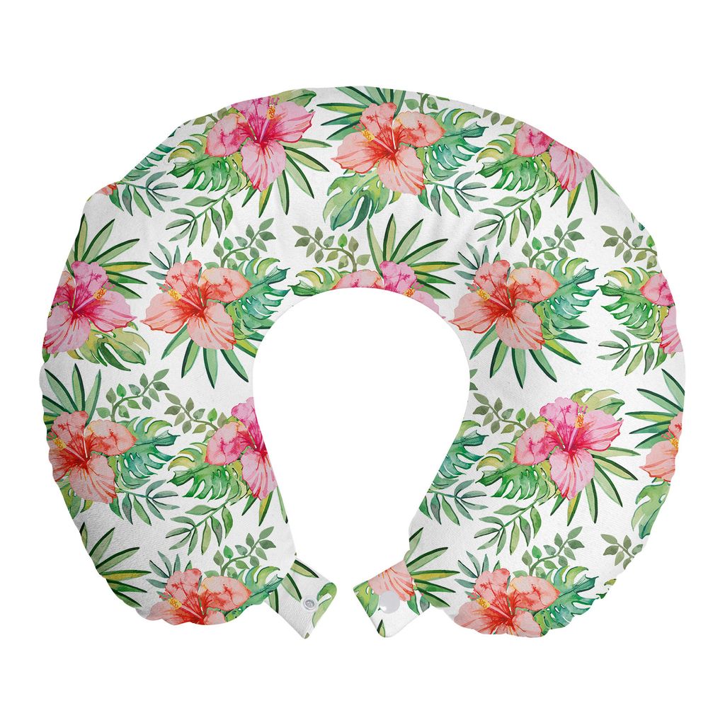 

ABAKUHAUS Luau Travel Pillow Подушка для шеи, пальмовые листья Hibiscus Monstera, пенопластовый дорожный предмет для самолета и автомобиля, 30x30 см, ярко-розовый