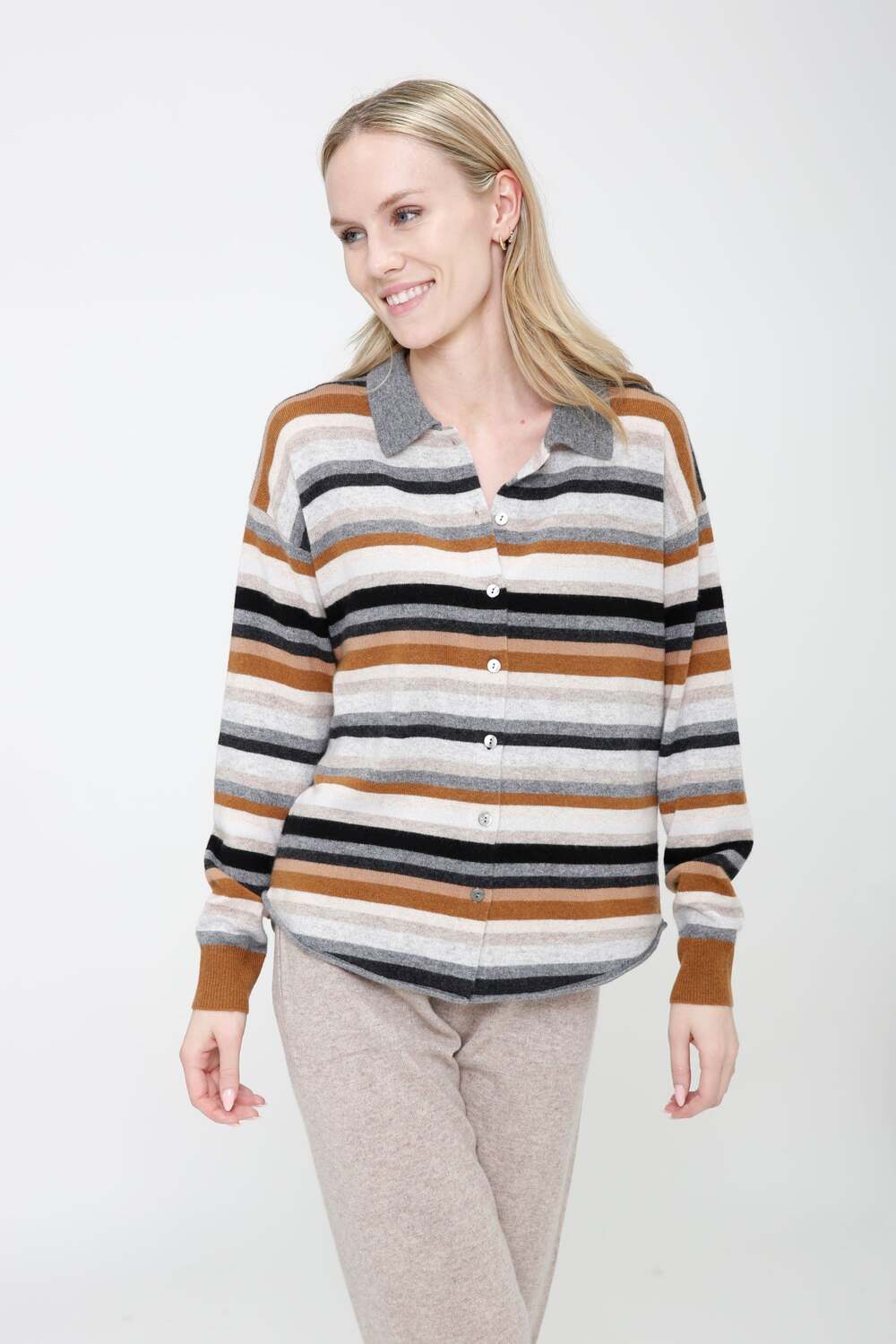 

Кашемировый свитер-рубашка в многослойную полоску с пуговицами InCashmere, charcoal multi