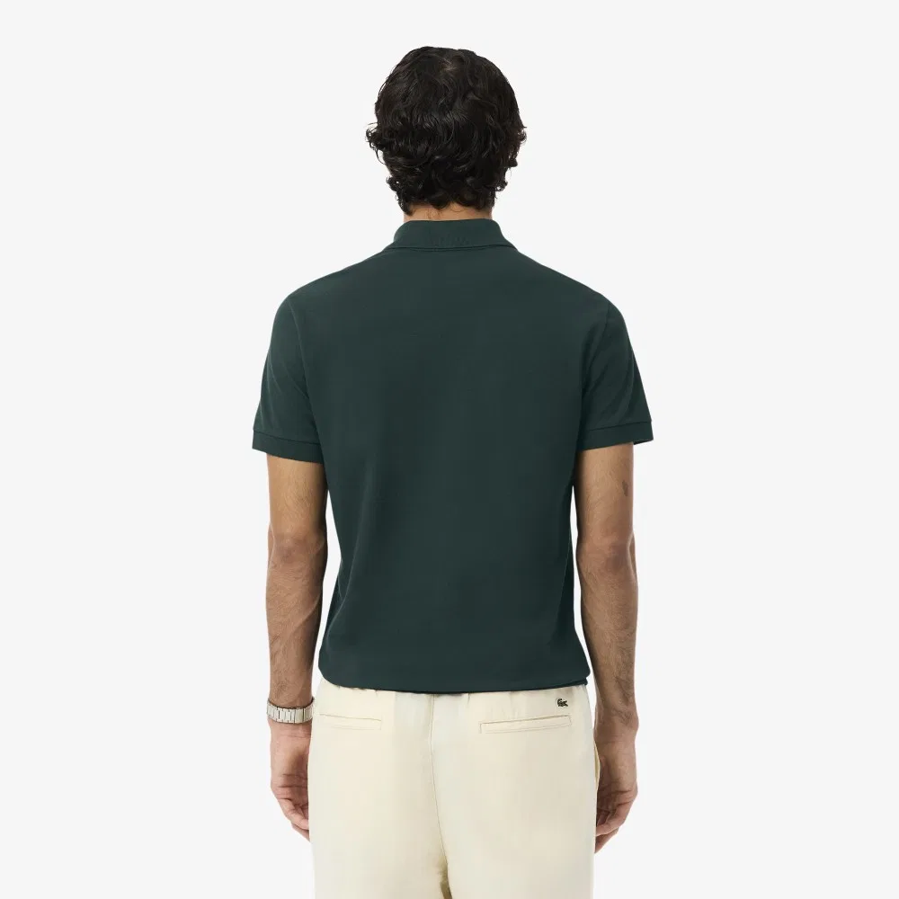 Мужская облегающая футболка-поло с коротким рукавом тёмно-зелёная от Lacoste — фото 3