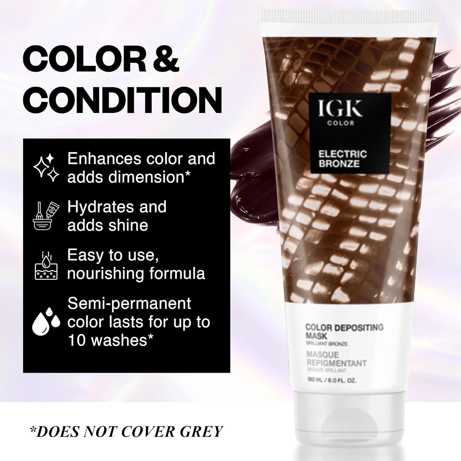 IGK Electric Bronze Color Depositing Hair Mask, Brilliant Bronze Semi Permanent Color Con + Gloss Toner, увлажняющая формула для блеска и обновления цвета, Vegan + Cruelty Free, 170 г, Electric Bronze (Brilliant Bronze) — фото 2