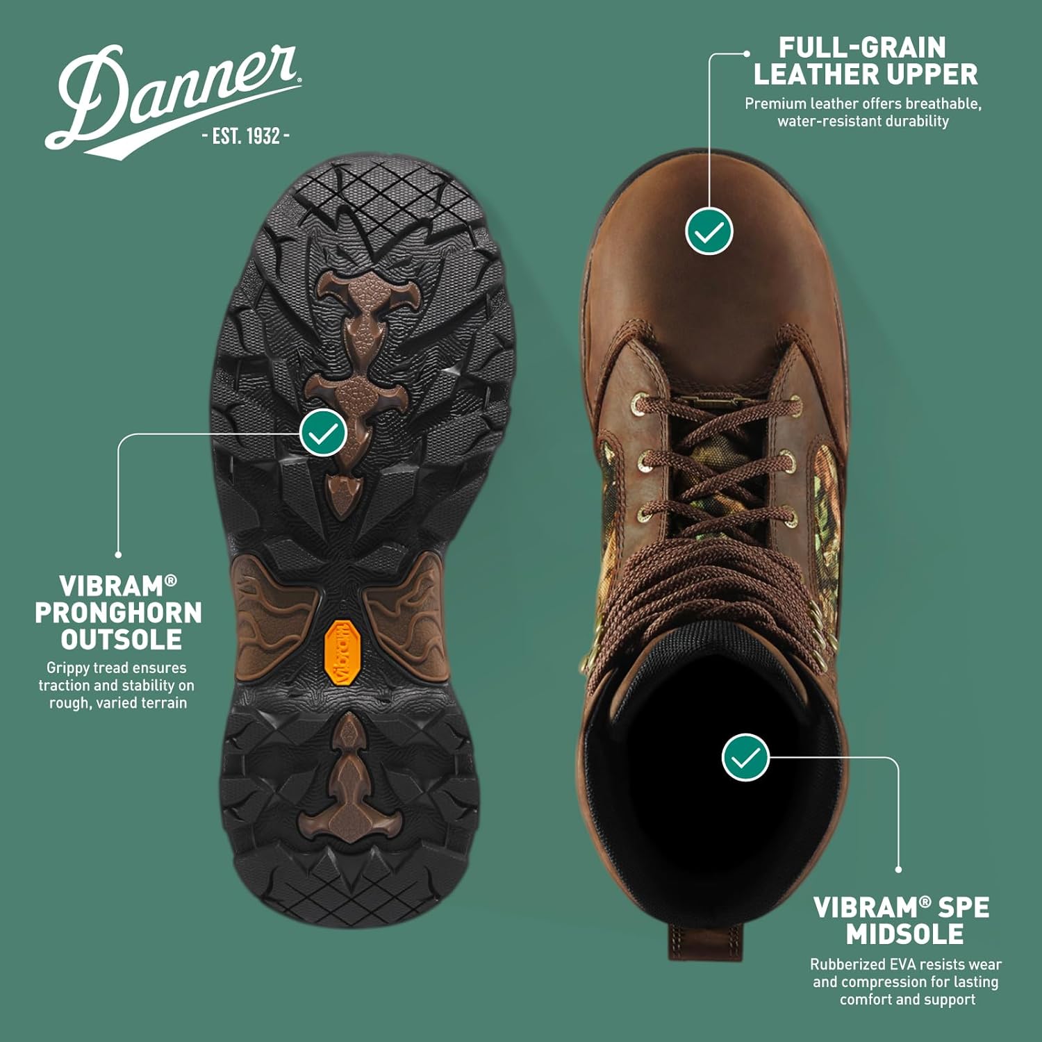 Охотничьи ботинки Danner Pronghorn 8" 800 г для мужчин - водонепроницаемые охотничьи ботинки GORE-TEX - подошва Vibram Pronghorn - верх из цельнозернистой кожи - резиновая EVA-подкладка для комфорта Name ‎Danner — фото 4