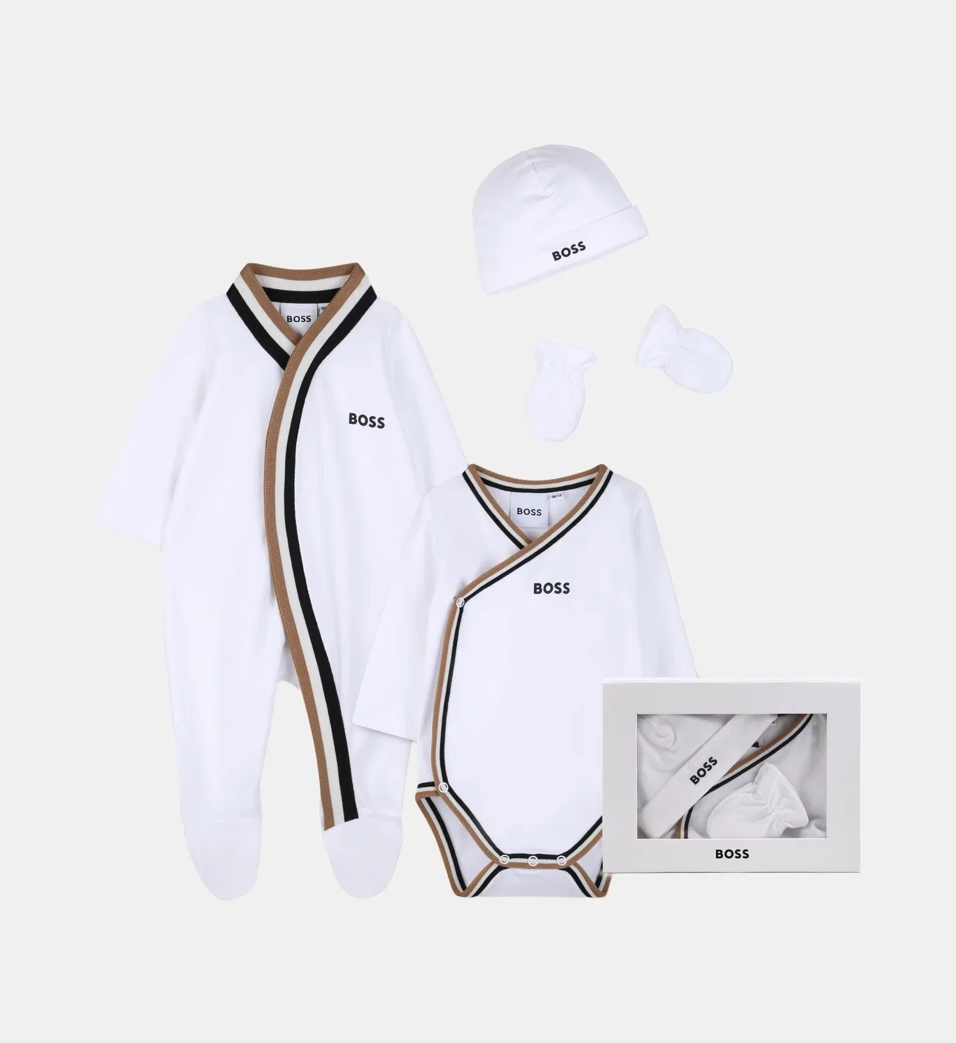 Комплект: пижама, боди, шапочка и варежки Boss Kidswear, белый