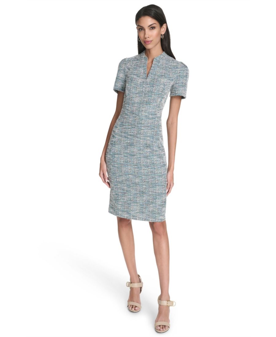 

Женское клетчатое платье-футляр с короткими рукавами Halston, Gray