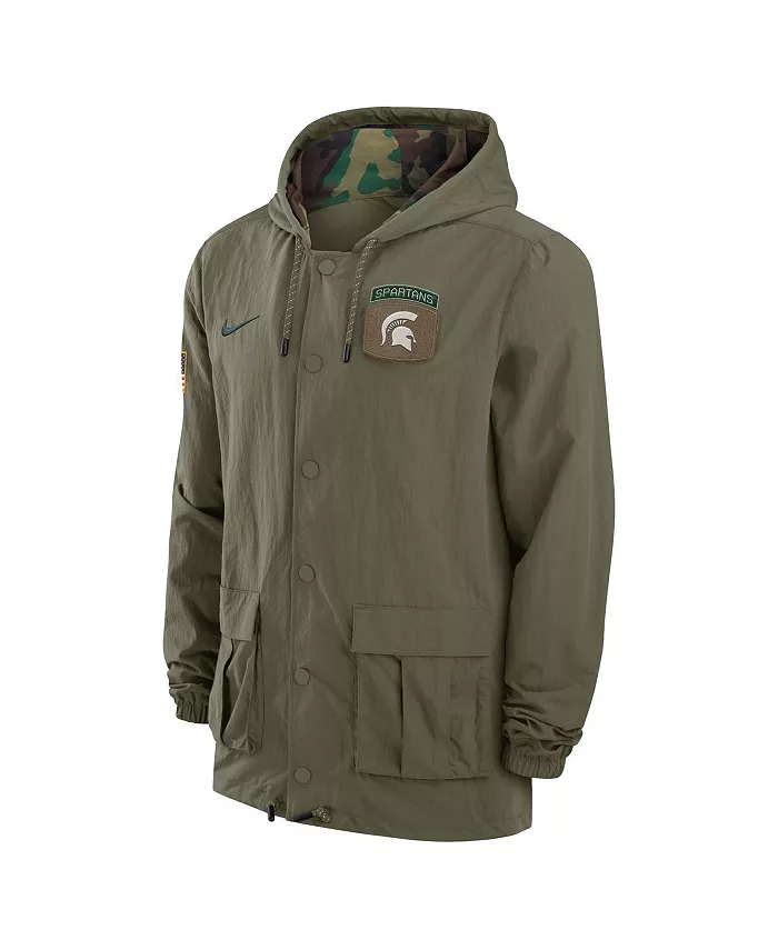 Мужская оливковая/камуфляжная толстовка Michigan State Spartans 2024 Military Appreciation с полной застежкой на кнопки, военная куртка Nike — фото 2