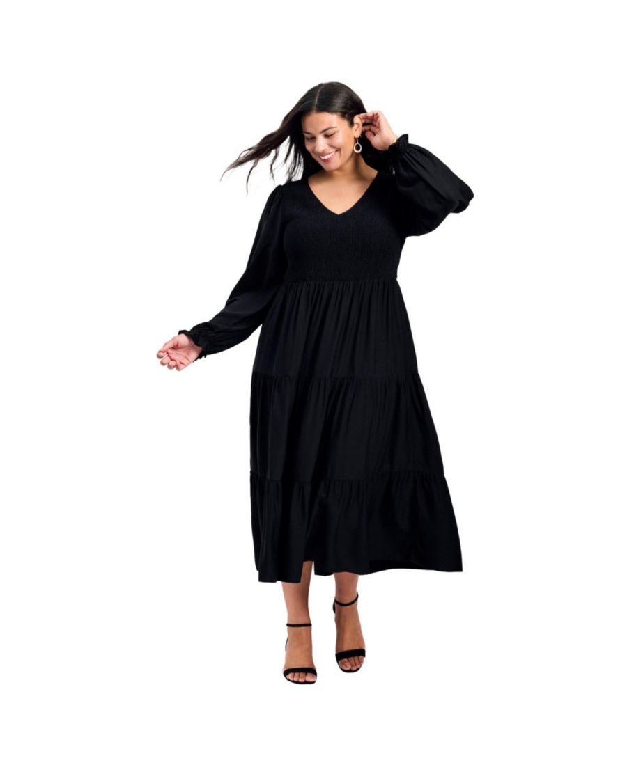 

Женское платье большого размера в инди-стиле с пышными рукавами и сборками AVENUE, Black