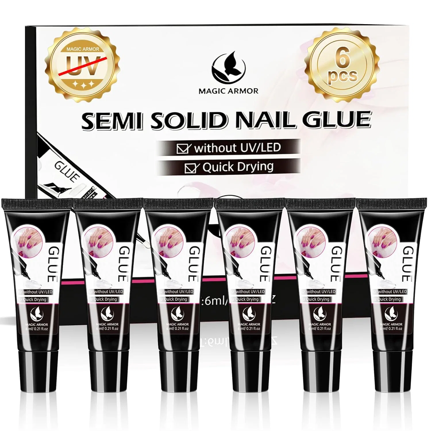 Набор из 6 гелевых клеев для ногтей по 6 г, без УФ-лампы Magic Armor, 6 X 6 G Nail Glue