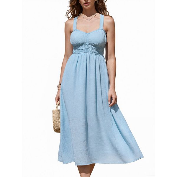 

Миди-платье для женщин с v-образным вырезом, без рукавов, а-силуэт, с открытой спиной, пляжное сарафан Inspire Chic, Light Blue