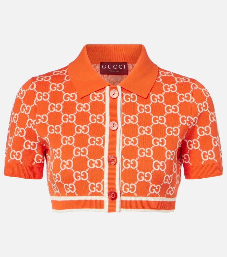 Кардиган Gucci Укороченный жаккардовый из хлопка, с воротником поло, Оранжевый