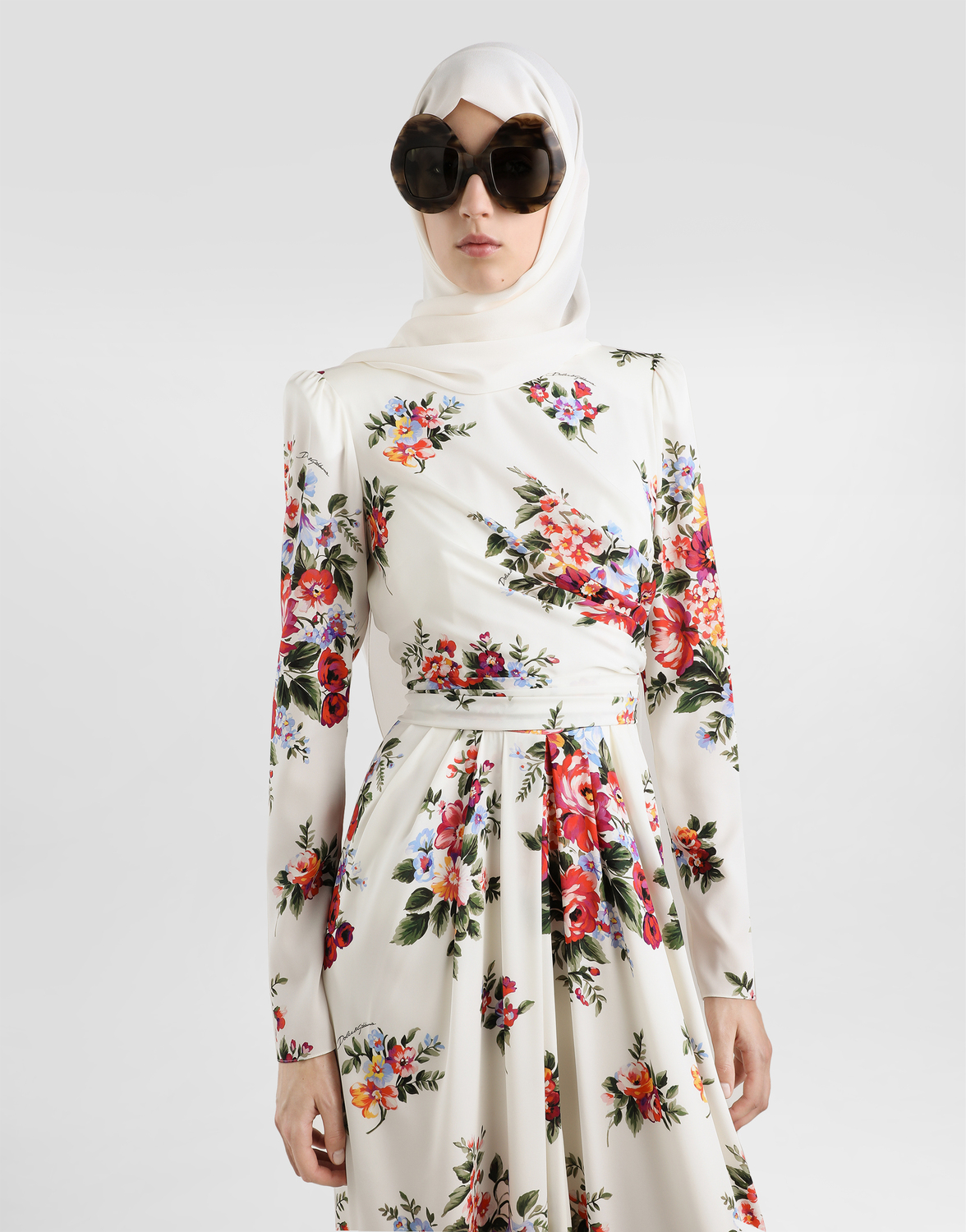 Платье из шелкового атласа с принтом «букет цветов» DOLCE & GABBANA, мультиколор — фото 4