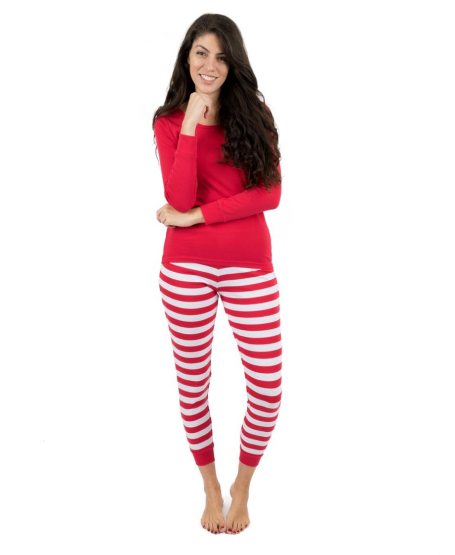 

Женская хлопковая полосатая пижама из двух частей для отдыха Leveret, Solid red top & striped pant