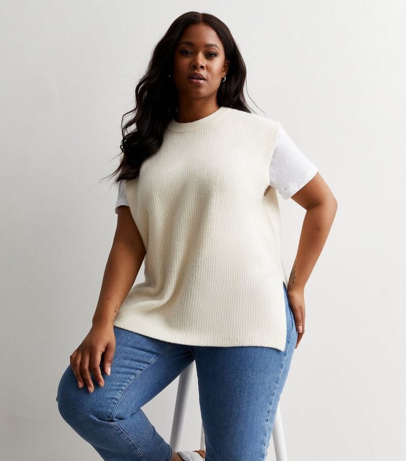 

Белый вязаный топ с разрезом по краю Curves Off New Look, белый