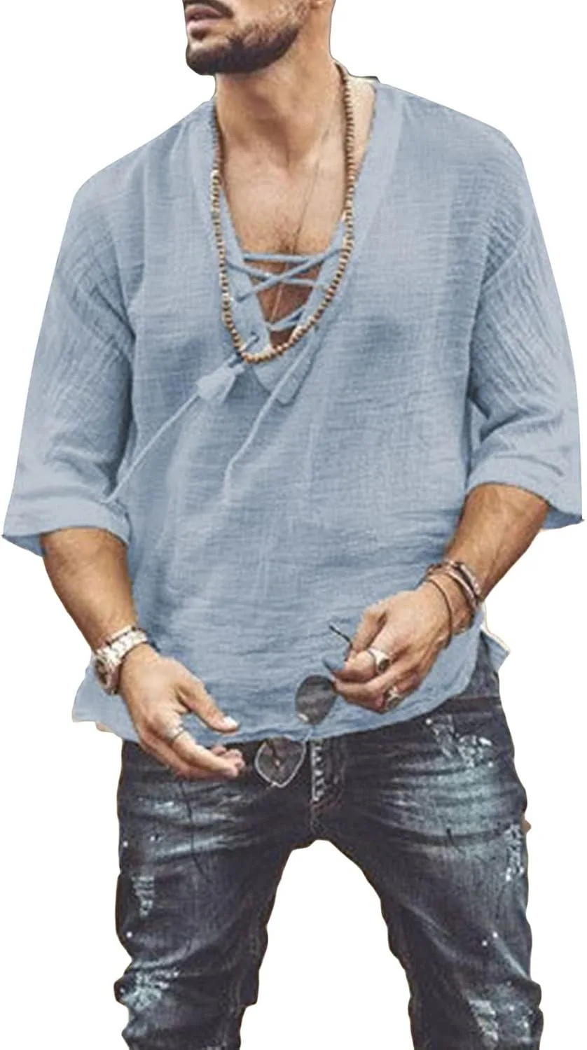 

Мужская футболка с V-образным вырезом и шнуровкой из льна и хлопка SWJGLITTR