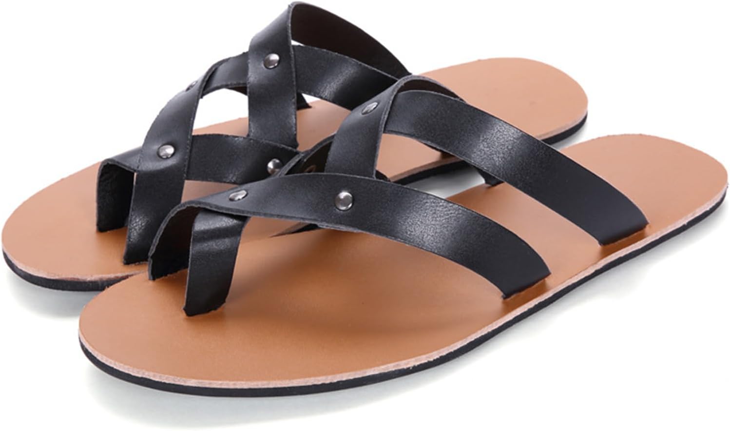 

Мужские кожаные сандалии с плоской подошвой и открытым носком, римский стиль, модные, дышащие, с перекрестным ремешком, без застежки, на клип-носок, противоскользящие, пляжные, удобные для ходьбы Nvbuke, черный