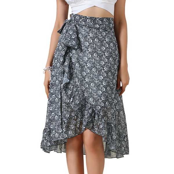 

Летняя женская юбка миди с цветочным принтом, рюшами и завязкой Inspire Chic, Black