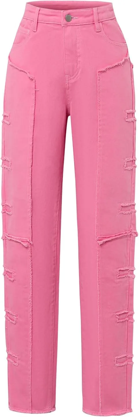 

Женские джинсы Mid Waist Loose Slim розовые Stretch Patchwork