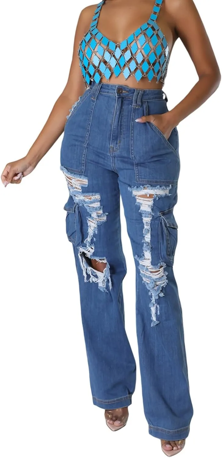 

Женские рваные джинсы distressed high waisted baggy straight wide leg BOKITECAO