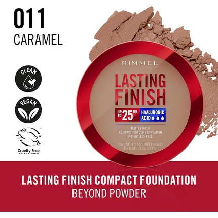 Устойчивая основа 25 HR Compact Foundation 011 Caramel Matte Регулируемое покрытие Пудра-крем Защита от загрязнений SPF 20 Гиалуроновая кислота Водостойкая Скрывает недостатки Rimmel — фото 2