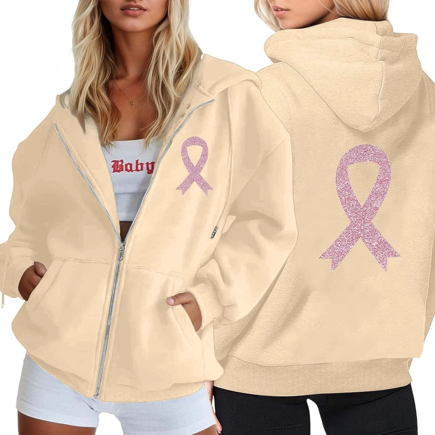 Худи на молнии женское с карманами, бренд Generic, цвет Beige