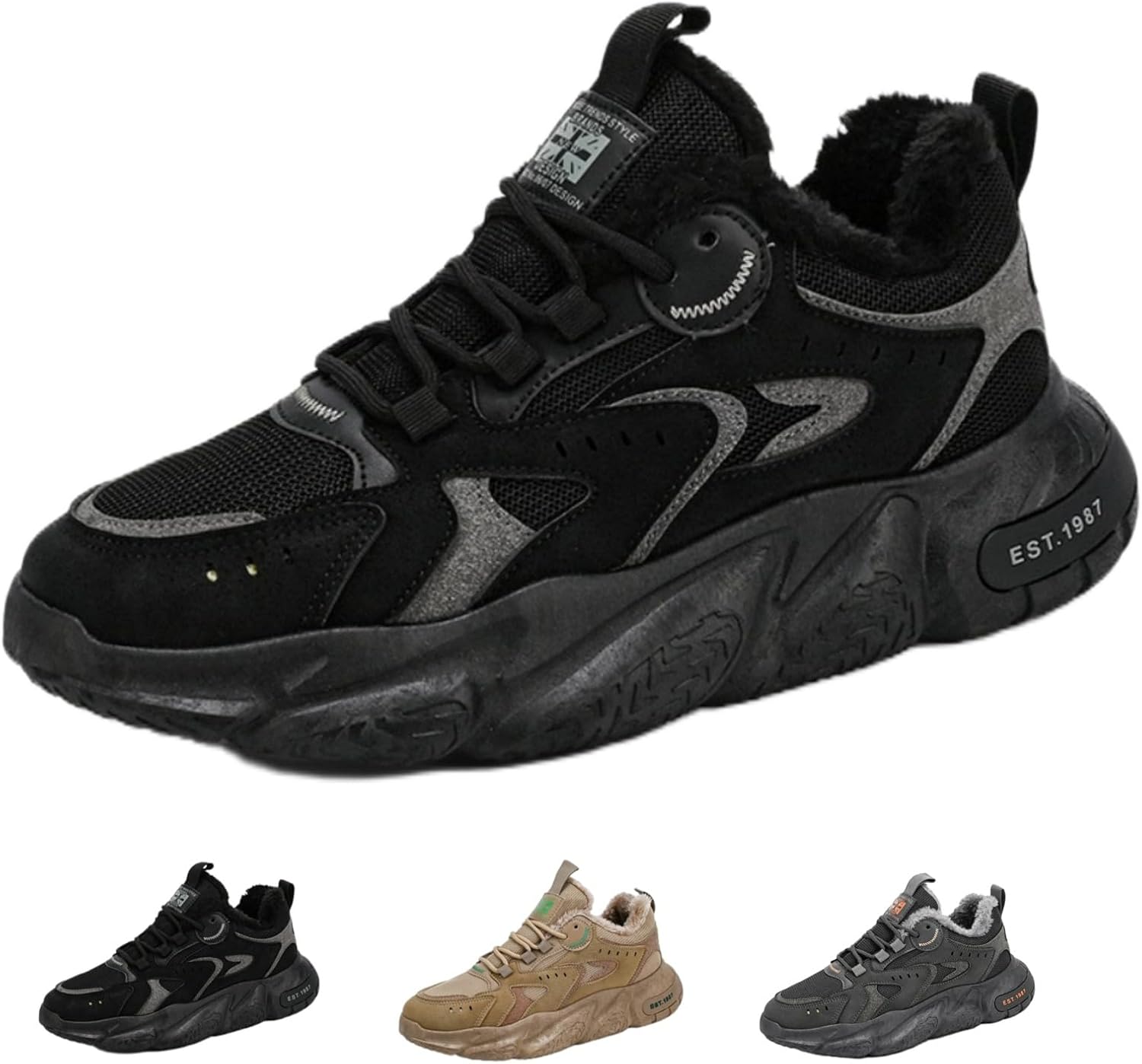 

Мужские зимние кроссовки Ретро «папины» туфли с объемной подошвой, с меховой подкладкой, удобные, с нескользящей подошвой, повседневные спортивные прогулочные кроссовки Macefil, черный