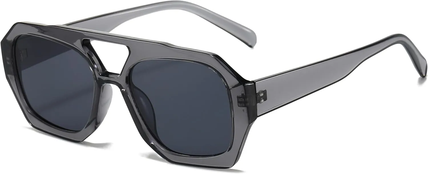 

Солнцезащитные очки Mirkcittle Trendy Square Aviator для женщин и мужчин, шестиугольная толстая оправа, двойная перемычка, дизайнерский дизайн, Grey/Grey Lens