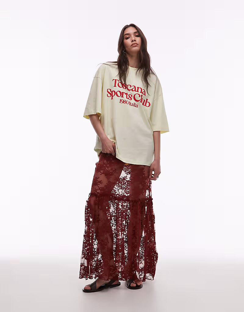 

Юбка макси из прозрачного кружева с оборками Topshop коричневого цвета