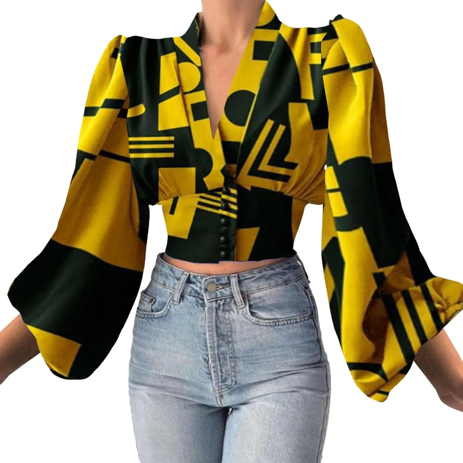 Блуза с V-образным вырезом, длинным рукавом, Summer Casual Blouse, желтый