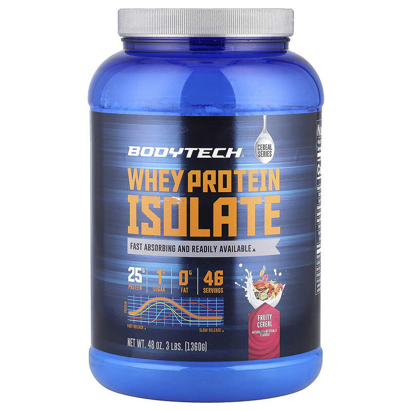 

BodyTech, Изолят сывороточного протеина, фруктовые хлопья, 1360 г (3 фунта)