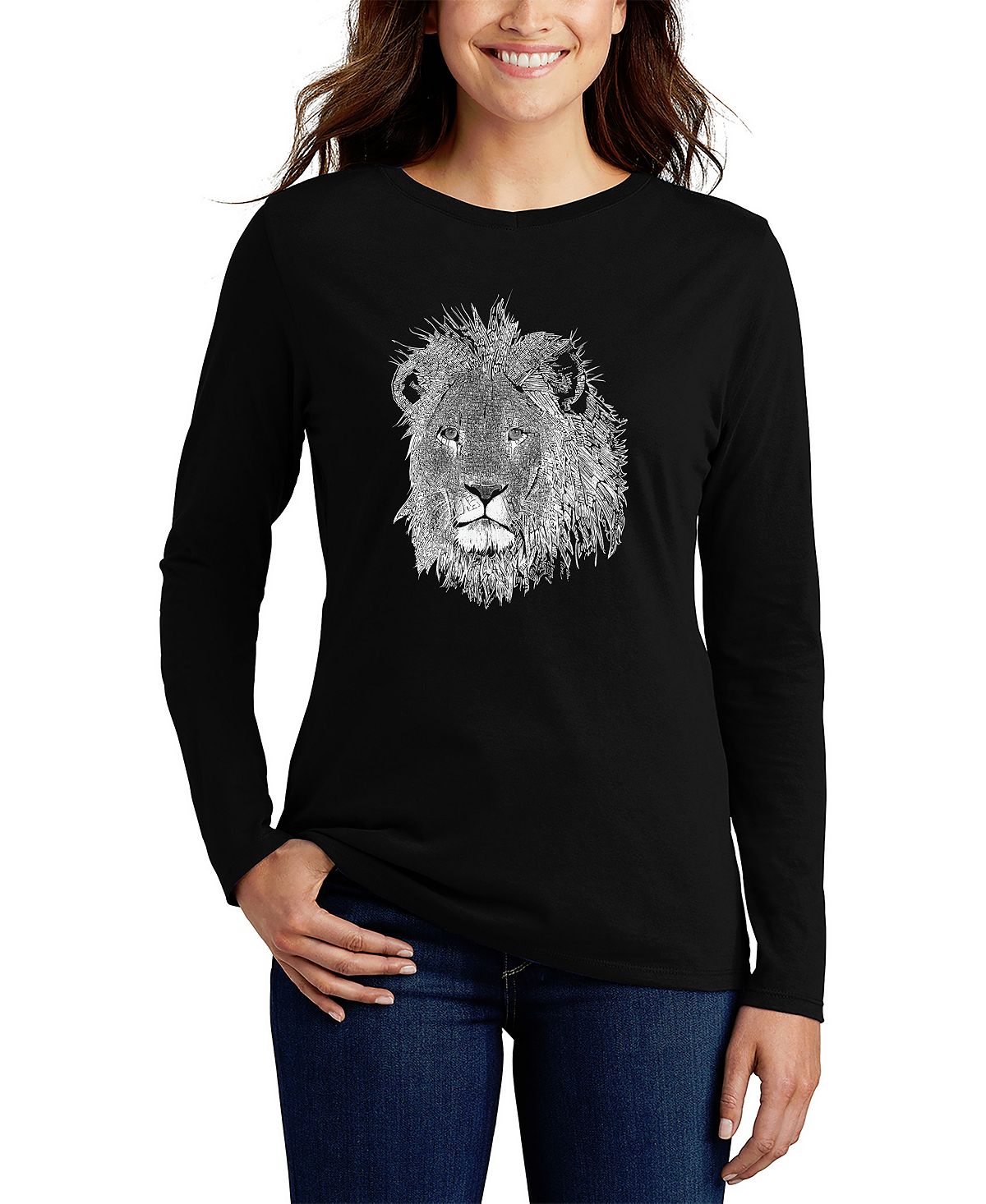 

Женская футболка с длинным рукавом Word Art Lion LA Pop Art, черный