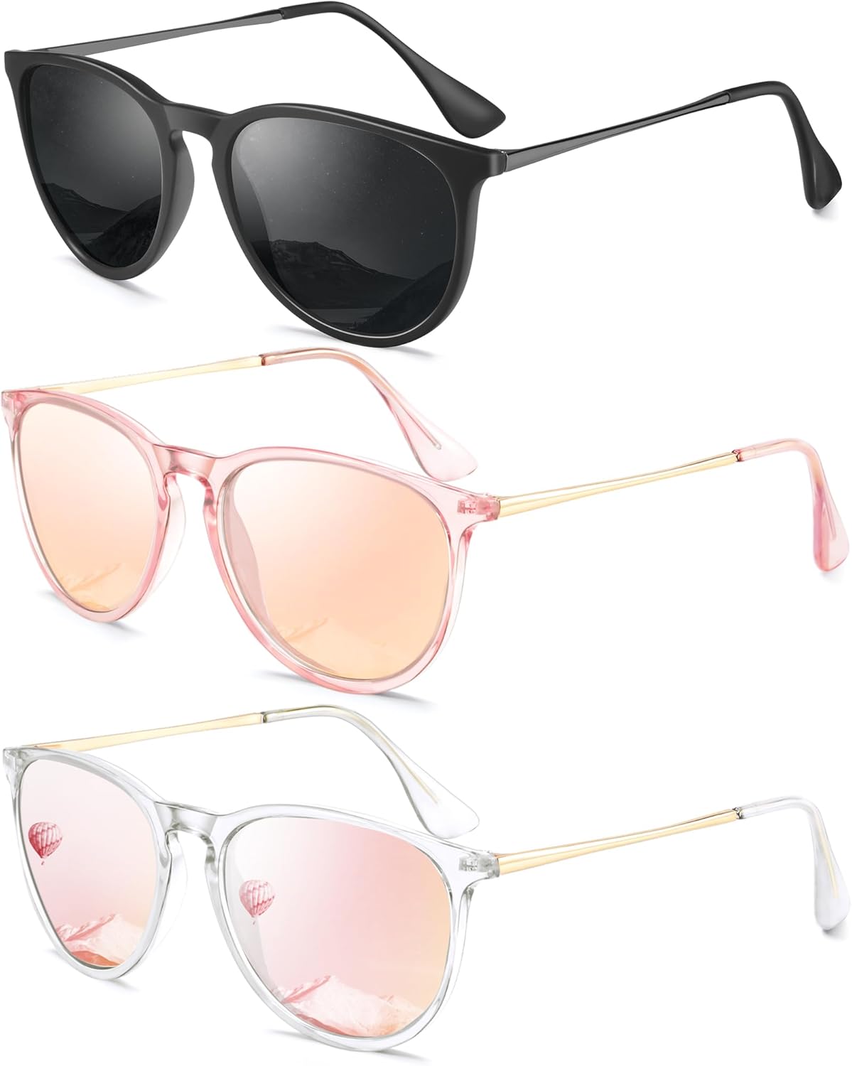 

Женские поляризованные солнцезащитные очки: ретро круглые солнцезащитные очки с защитой UV400, модный набор из 3 штук QALLY, Black/Grey + Crystal Pink/Champagne Gold + Clear/Barbie Pink