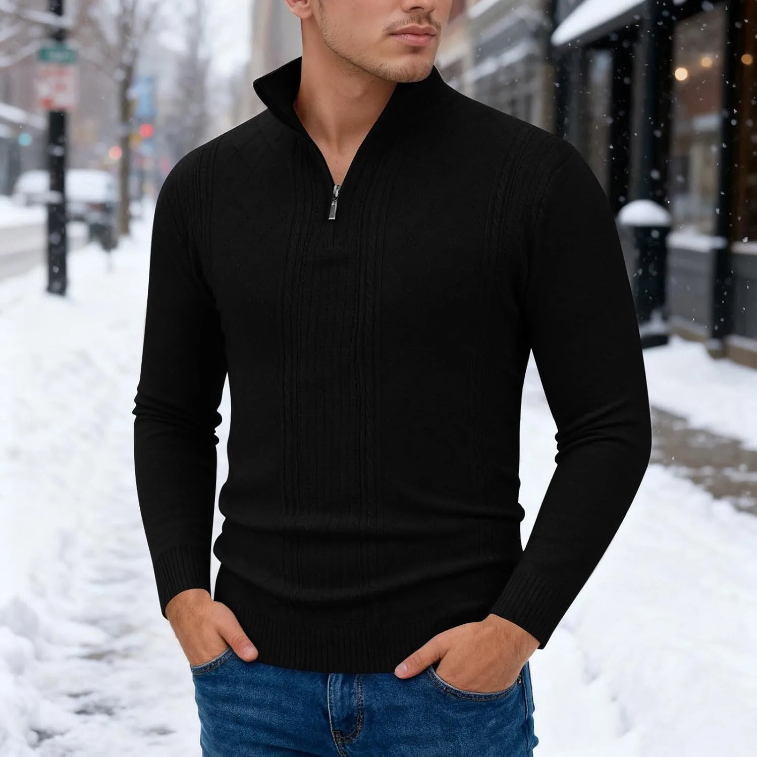 Свитер-полузип мужской с длинным рукавом, Casual, Slim Fit — фото 2