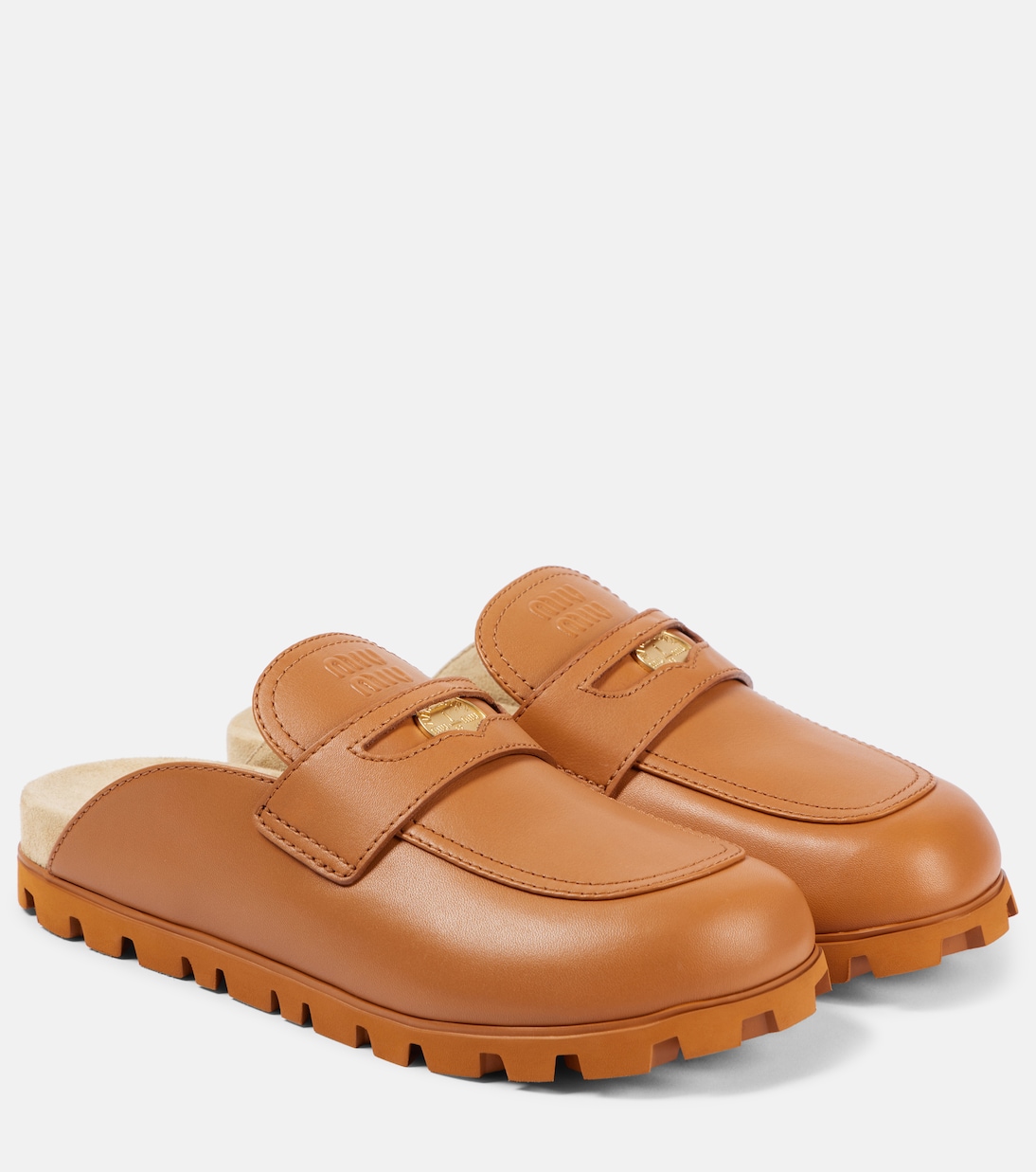 Кожаные мюли с логотипом Miu Miu, Cognac