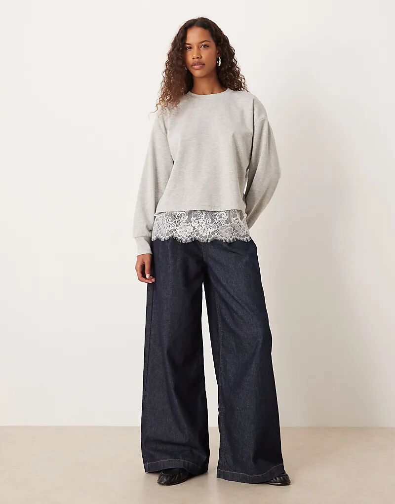 

Толстовка ASOS DESIGN свободного кроя с кружевным подолом серого цвета