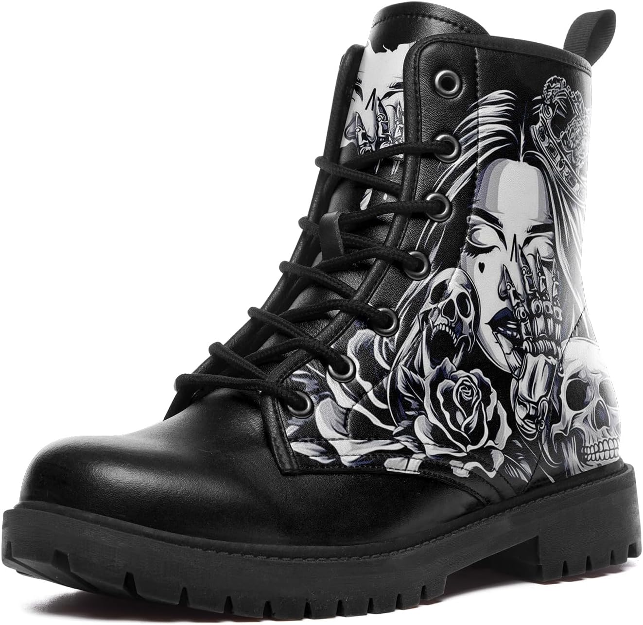 

Ботинки AWSOLE Gothic Skull Combat для женщин и мужчин - панк-ботинки с шнуровкой и розой - из микрофибры и кожи - обувь в стиле гранж, черный/розовый