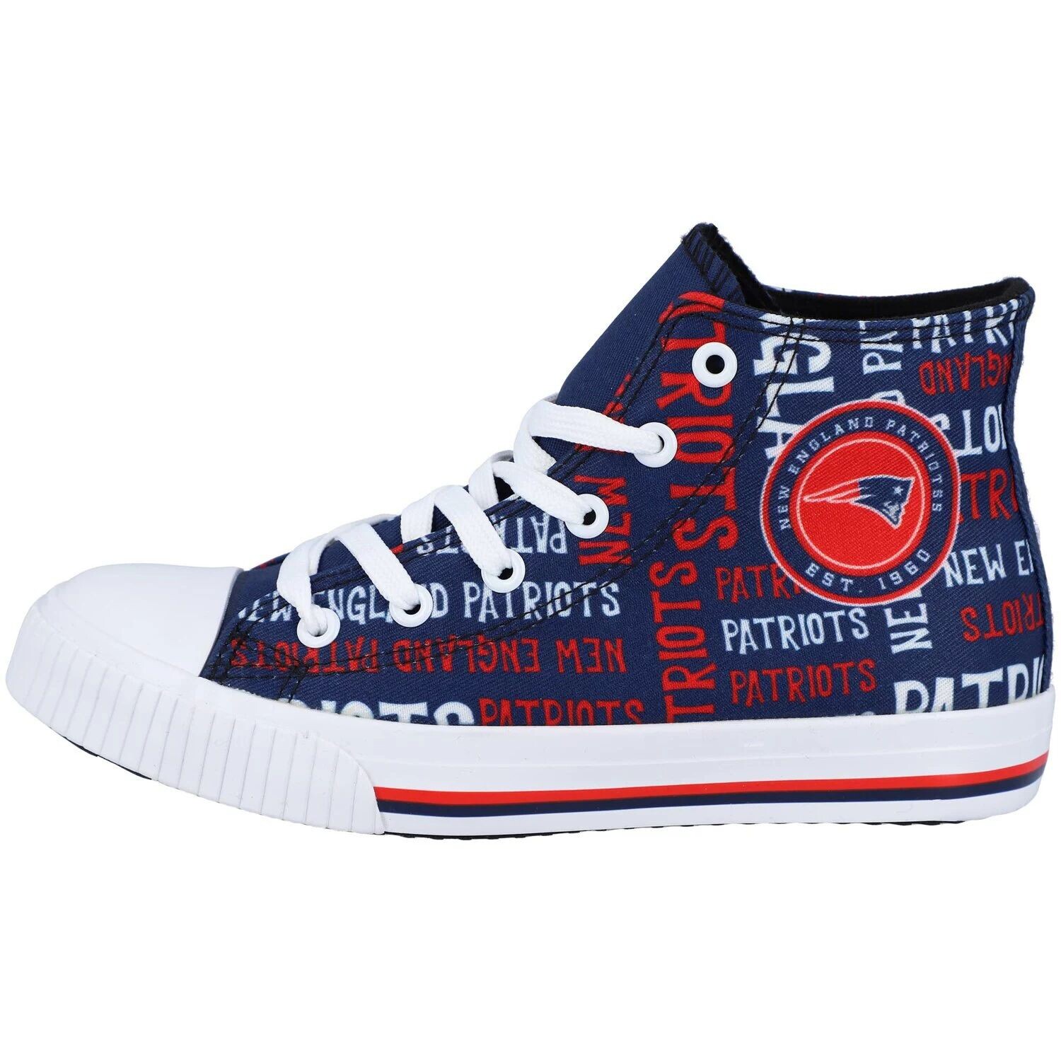 

Молодежные кеды FOCO Navy New England Patriots с повторяющимся текстом и высокими холщовыми кроссовками по всей поверхности Unbranded