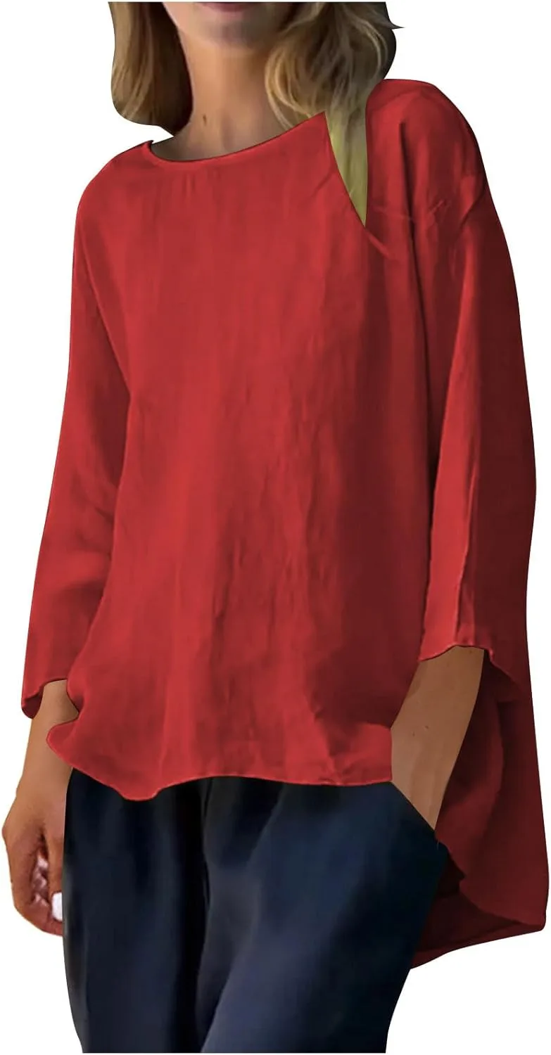 

Женская блузка с круглым вырезом и рукавом 3/4, свободного кроя, из хлопка и льна AKTCVVJ