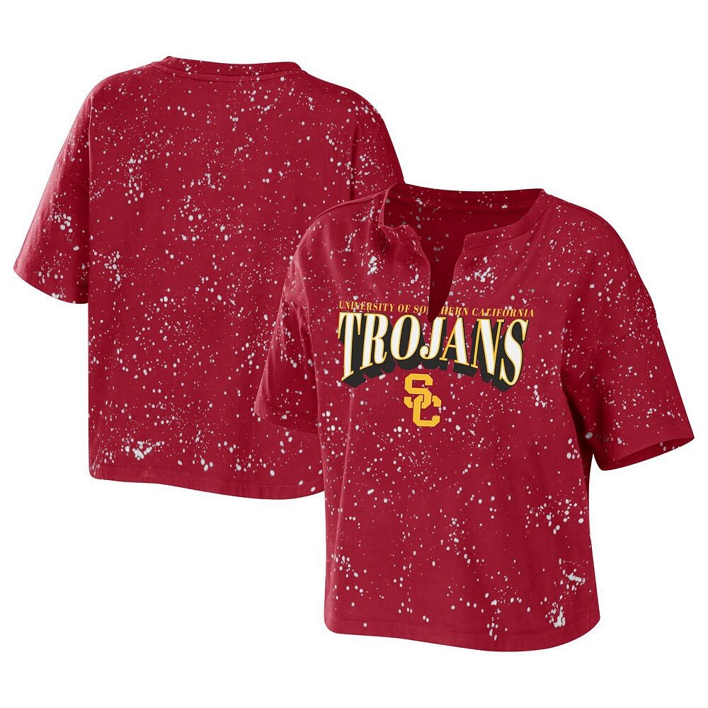

Женская одежда Erin Andrews Cardinal USC Trojans Bleach Wash Splatter укороченная футболка с вырезом и вырезом, цвет Usc Red