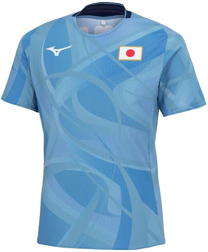 

Оригинальная тренировочная футболка Mizuno Dry Aeroflow, с коротким рукавом, логотипом Японии, графикой MUGEN, вдохновленной игроками, 32MABPA2, синий