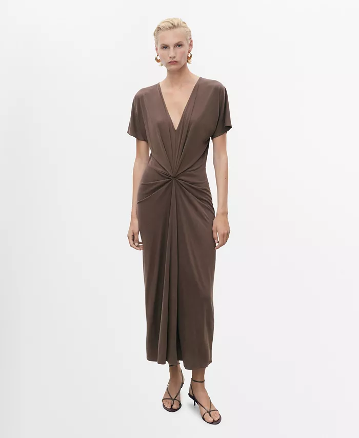 

Женское платье с V-образным вырезом и сборкой на горловине Mango, коричневый