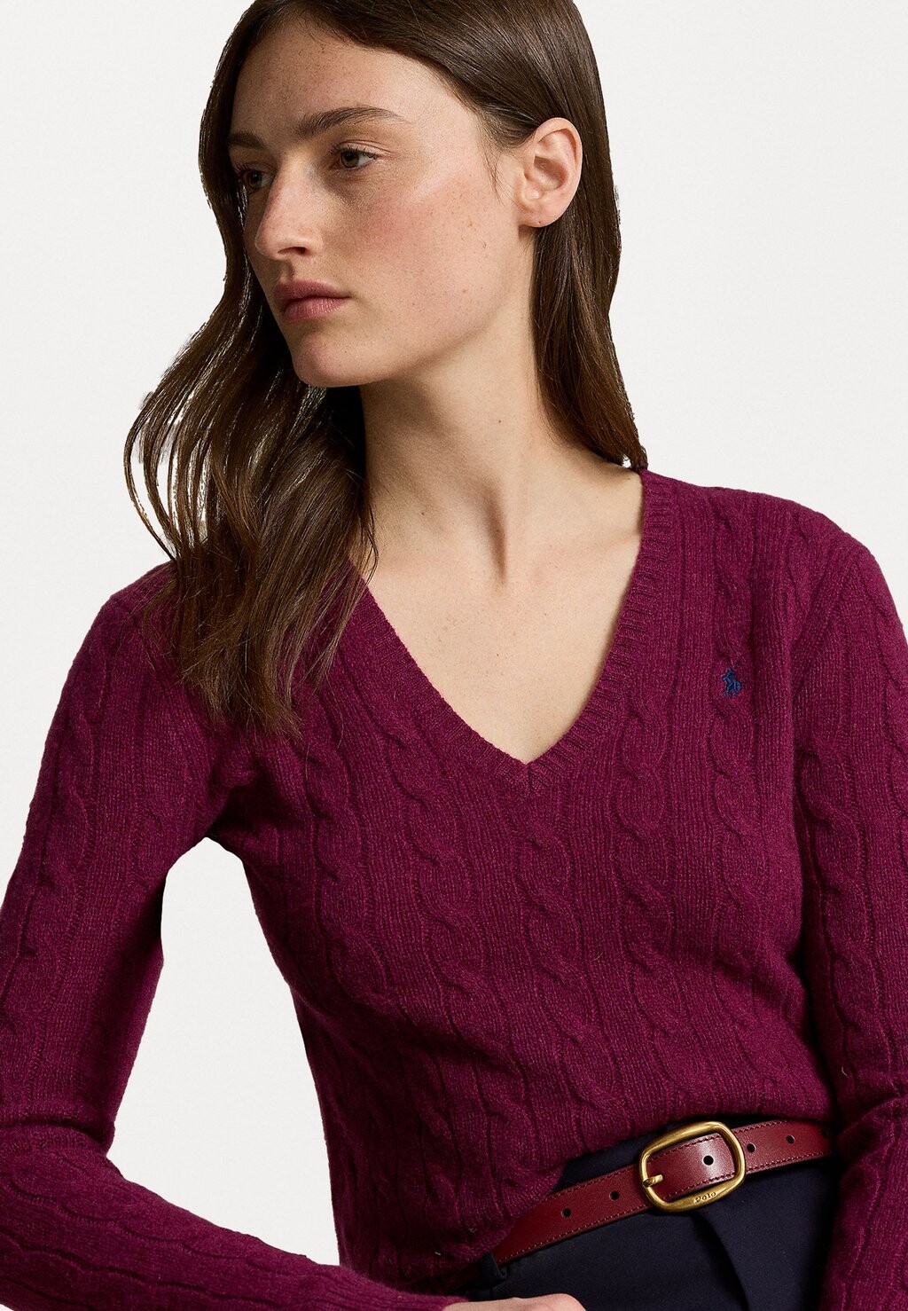 

Джемпер CABLE KNIT WOOL CASHMERE V-NECK SWEATER Polo Ralph Lauren, темно-фиолетовый