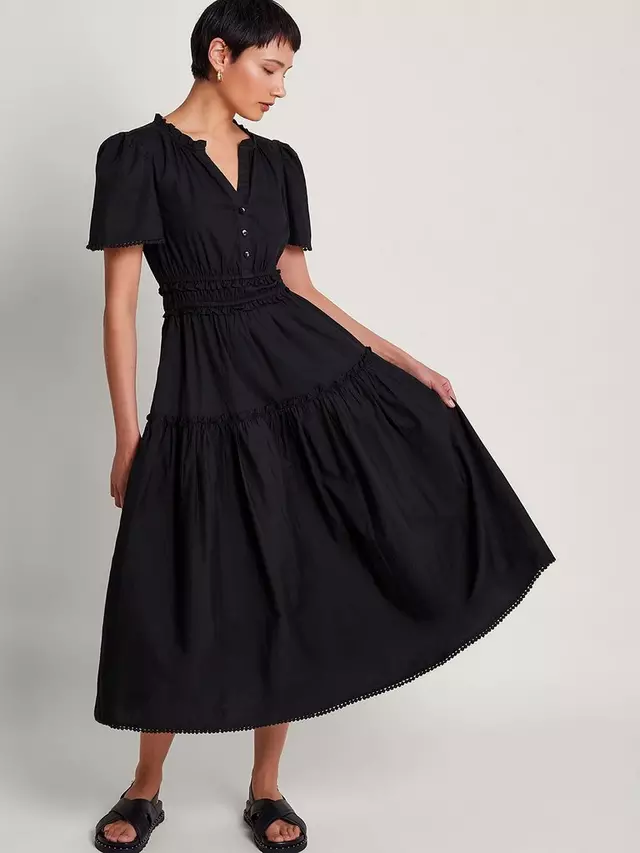 

Платье Monsoon Lorena Cotton Ruffle Detail Midi, черный
