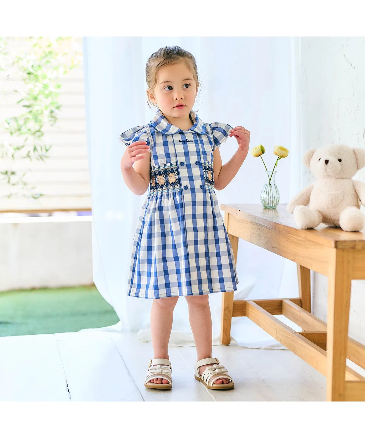 Детское платье с вышивкой Tiny Bear apres les cours клетчатое — фото 2