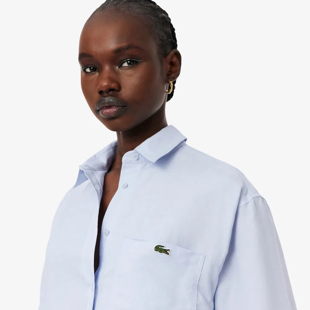 Рубашка Lacoste в полоску, смесовый лен, светло-лавандовая — фото 2