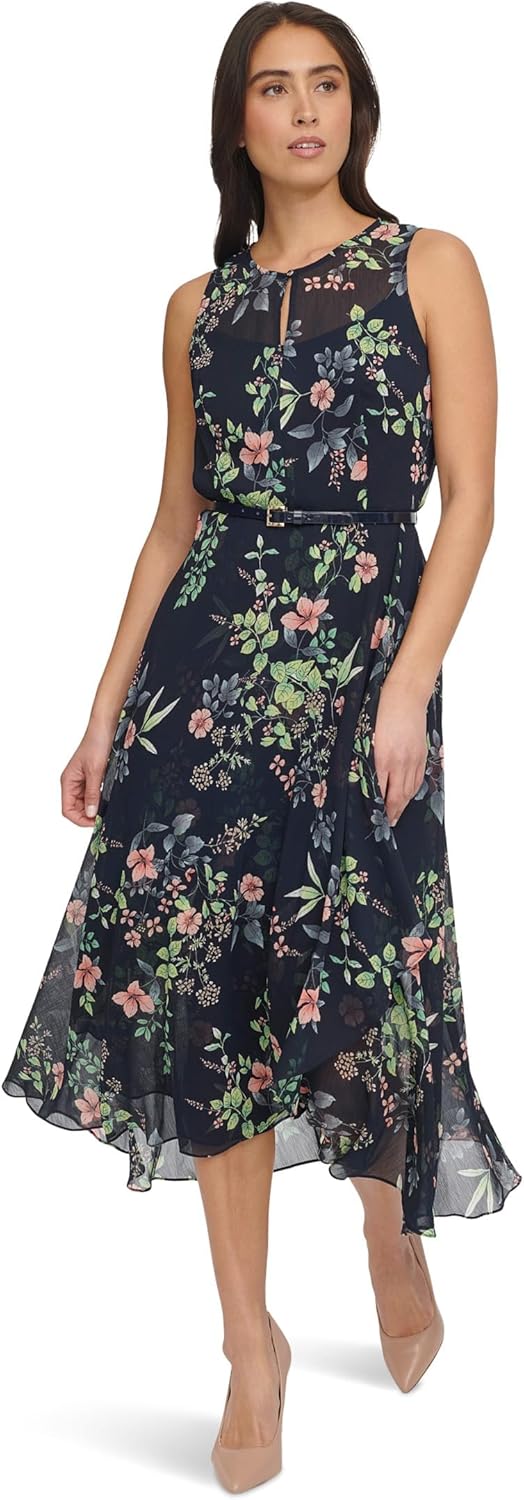 

Женское платье миди без рукавов с высоким воротом от Tommy Hilfiger из шифона Hi Lo, Sky Captain Multi